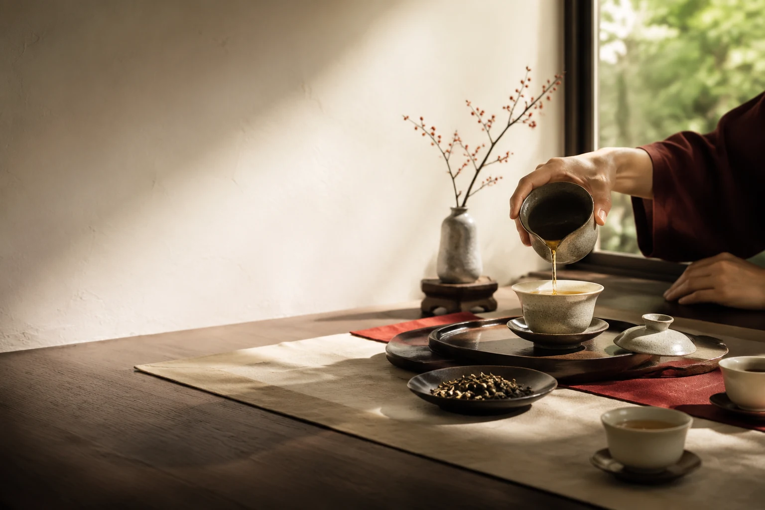 晨光中的中式茶席与冲泡场景
